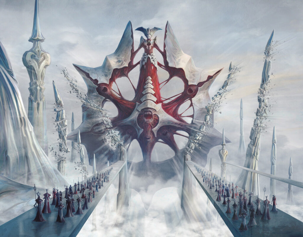 An image of a creature that's more like a massive monument to Elesh Norn. It uses the same white and red color scheme but uses 2 dark gray bridges to draw the eye back to it. The whole image has the feel of a twisted evil outdoor cathedral with the Dominus at its apex. The entity has a circular spoked wheel shape with horrific screaming mouths.