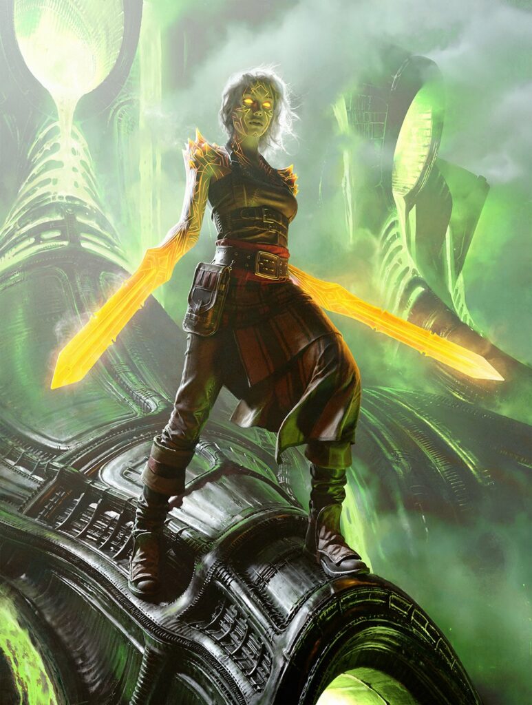 Nahiri, standing atop a ruined mechanical landscape. Her eyes glow reddish orange in the dingy green and her arms have been transformed by lithomancy and phyrexian influence into her trademark stone blades that flow a sickly yellow orange with heat.