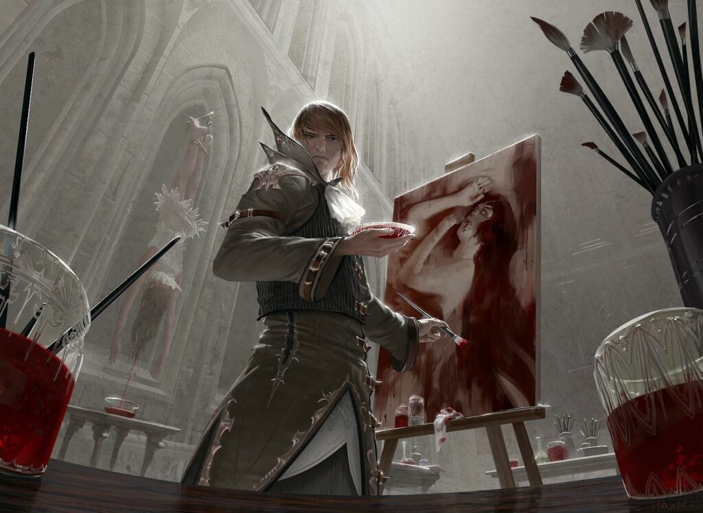 An image of a vampire painting a piece in blood. He stands in formal attire before his canvas in a gothic room painting in grays. We are looking up at the subject. A woman is hanging in an alcove, her blood draining into a bowl and the image on the canvas being painted also seems to be of a dying woman. 