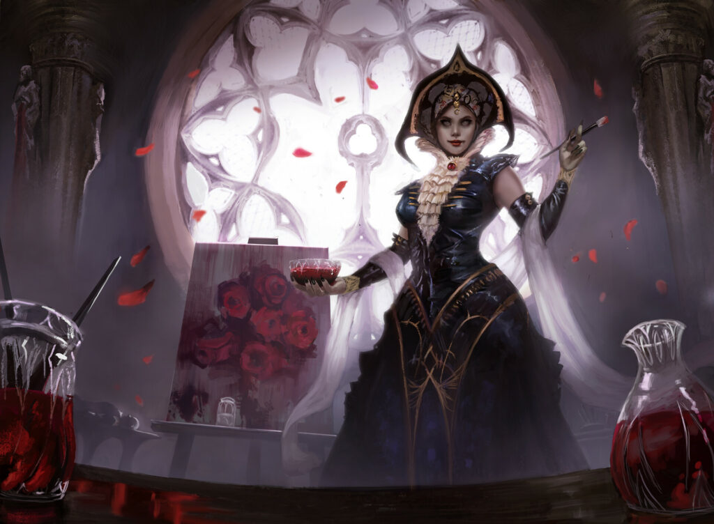 A female vampire in a opulent outfit posing before an ornate window. Beside her is a painting of roses clearly done in blood. We see her from a low angle with other bottles of blood like paint in the foreground and a gentle smokiness in the atmosphere. 