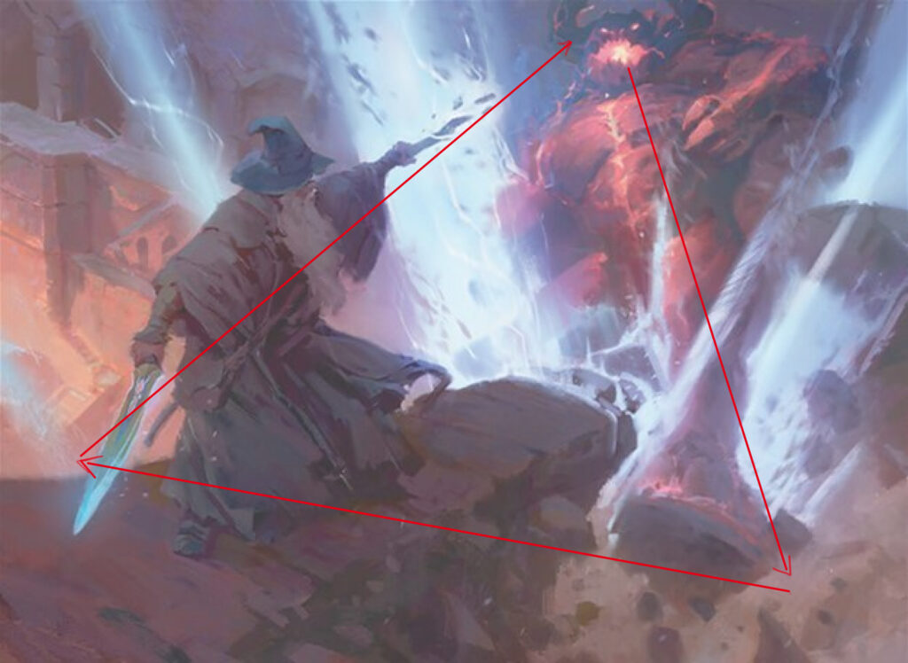 An image of Gandalf the Grey with staff outstretched and sword behind him, standing firmly on a stone bridge with a wide stance plunging the Balrog into a hole. Points of interest include the sword, the balrog's mouth and the line of fire down his sternum that help direct the eye where to look.