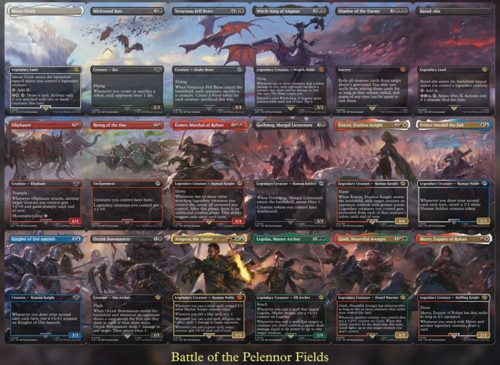 An image of the battle of pelennor fields that has just a staggering amount of things happening in it and captures well the confusion of battle while still showing off several important characters. This version however, shows the whole thing broken up into the 18 cards.