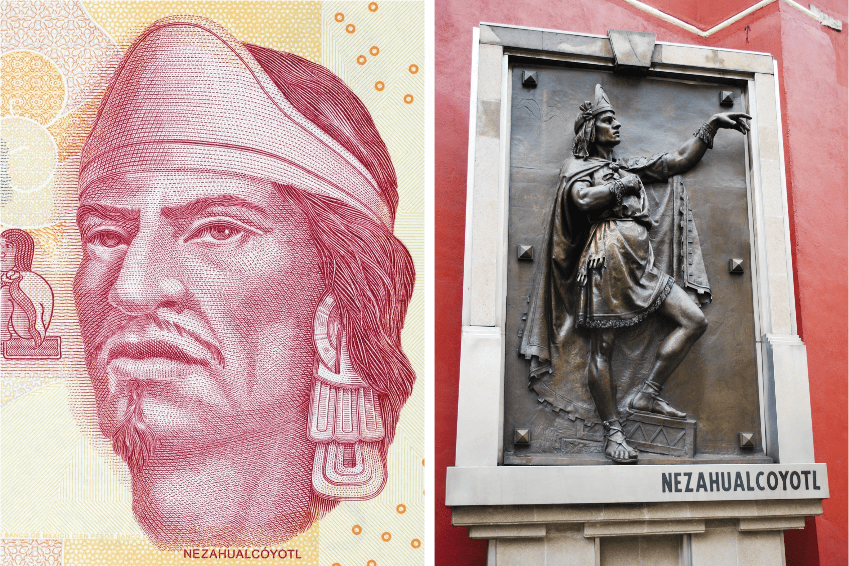 aspect of Nezahualcóyotl on paper money and statuary