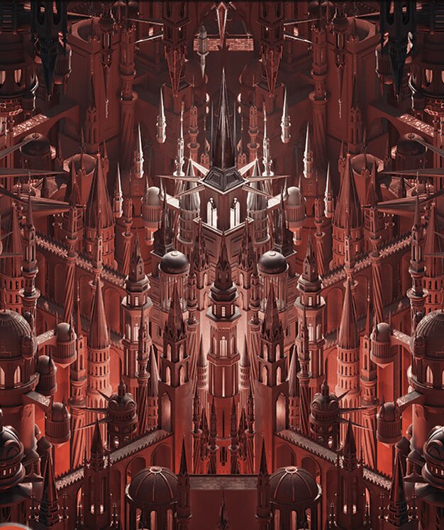 A mountain art depicting a highly intricate diorama featuring Rakdos style architecture. The buildings have spikes and are bathed in a red and black hue. zoomed out the image looks like a demonic face.