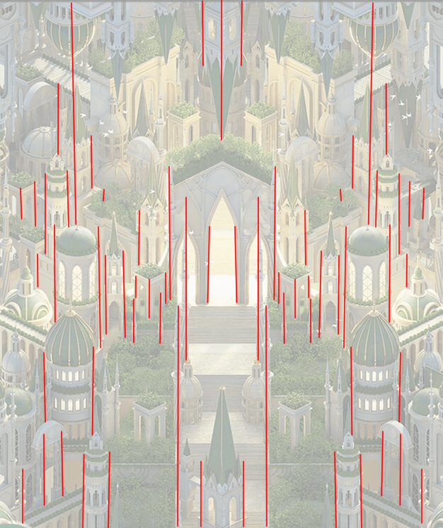 The forest art but with the opacity turned down and red lines diagraming some, though not all of the verticle lines permeating the piece.