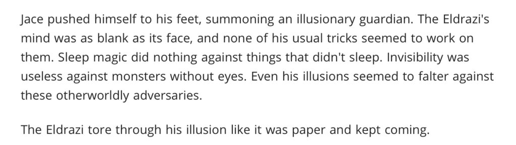 An excerpt from an early Magic Story, BFZ, in which Jace Beleren almost dies to an Eldrazi Drone.