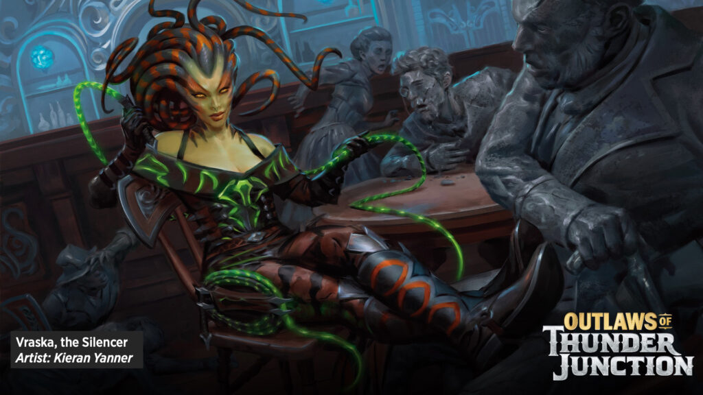 The full art for Vraska, the Silencer, a card from Outlaws of Thunder Junction. Illustrated by Kieran Yanner.