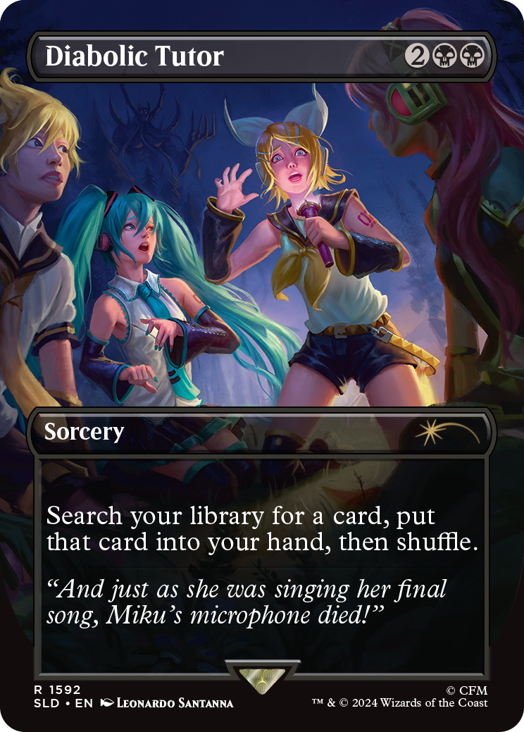 Diabolic Tutor, a reprinted card from Secret Lair x Hatsune Miku: Digital Sensation, a new Secret Lair drop for the Summer.