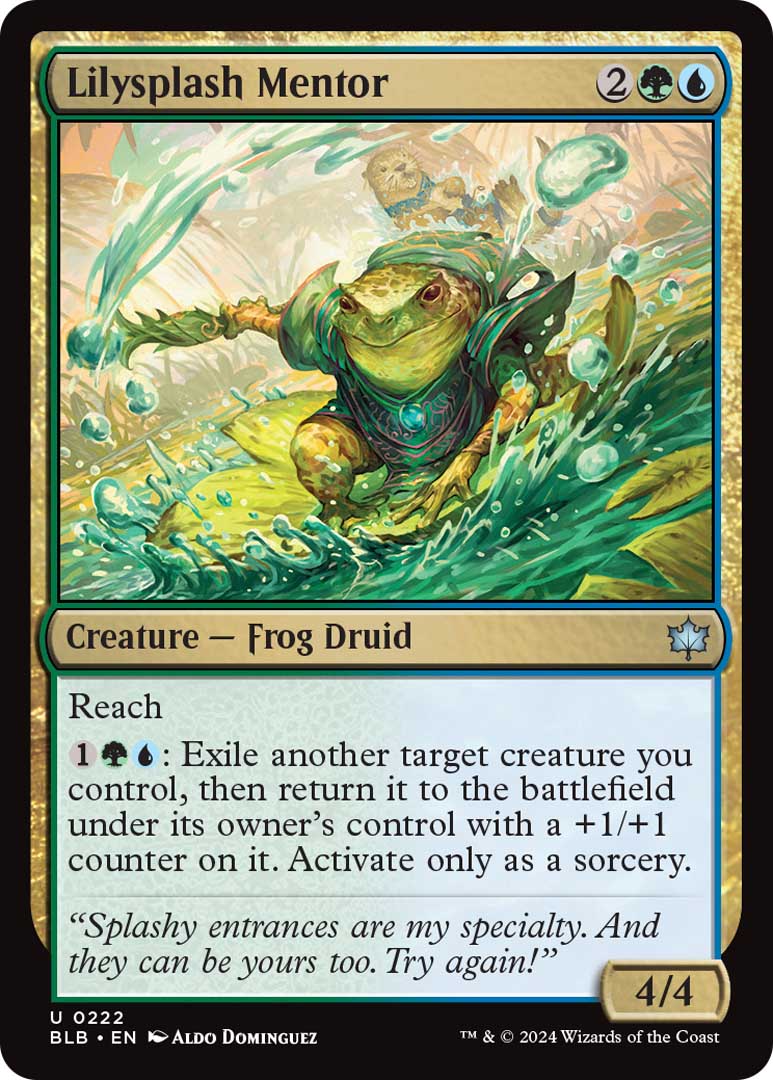 Lilysplash Mentor, a new archetype tentpole card from Bloomburrow.