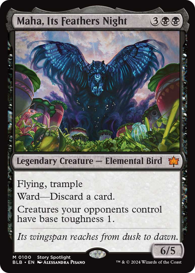 Maha, Its Feathers Night, a new legendary creature card from MTGBLB. One of the Calamity Beasts that feature in the set's plotline.