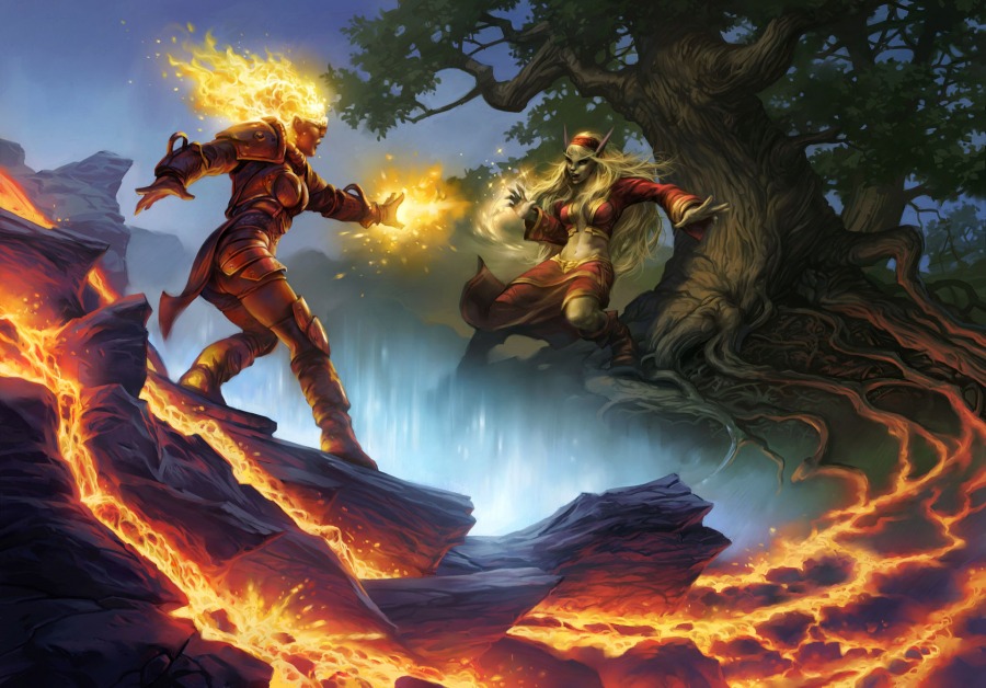 The art for the Planechase 2012 phenomenon Spatial Merging, which shows a World of Warcraft character alongside Chandra Nalaar. Illustrated by Gabor Szikszai.