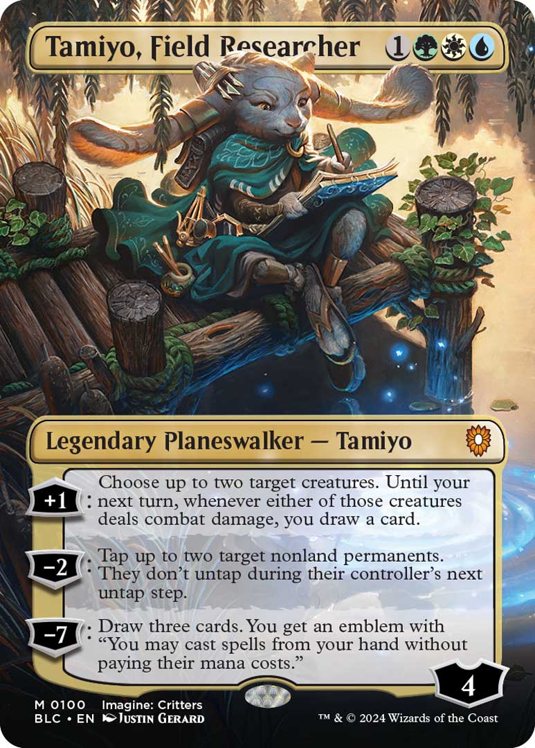 Tamiyo, Field Researcher, a newly reprinted card from MTGBLB. Seen in a special pack found only in precons.