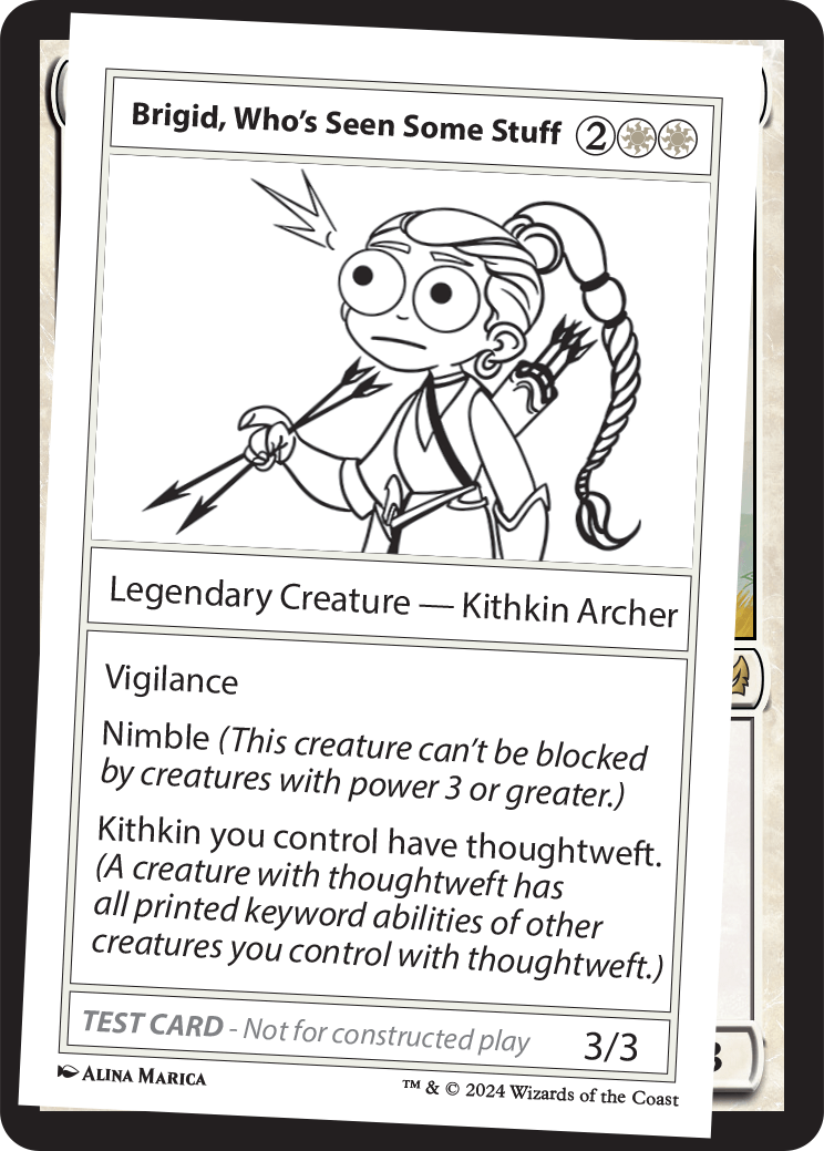 Brigid, Who's Seen Some Stuff, a Playtest card from Mystery Booster 2.