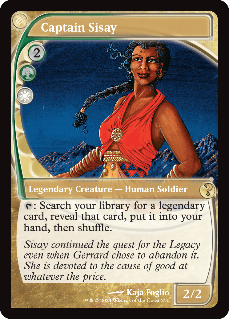 Captain Sisay, found in Mystery Booster 2 in a foil "Futureshifted" treatment with art from her respective Vanguard card.