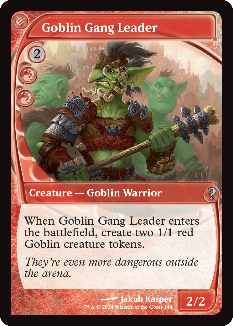 Goblin Gang Leader, a "Futureshifted" card from Mystery Booster 2. This is its first printing in paper, having first been released on Magic Arena.