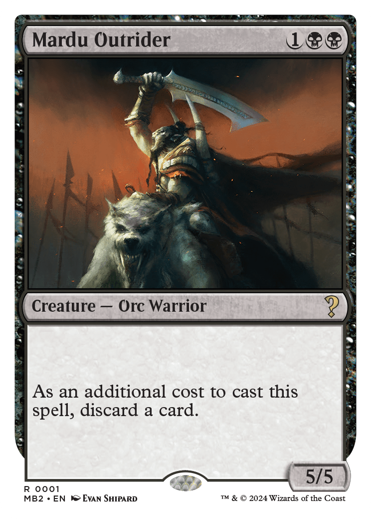 Mardu Outrider, an MB2 card in a white-border treatment. This card is new to paper Magic, having only been released previously on Magic Arena.