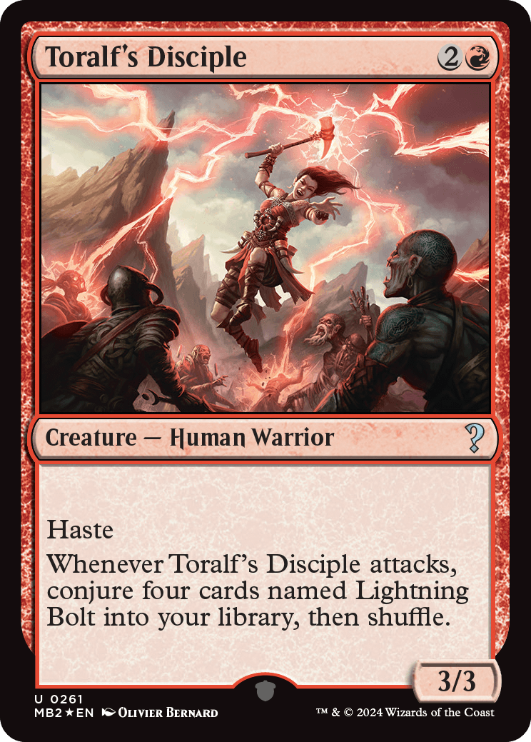 Toralf's Disciple, a card originally released in Alchemy on Magic Arena. Found in MB2.