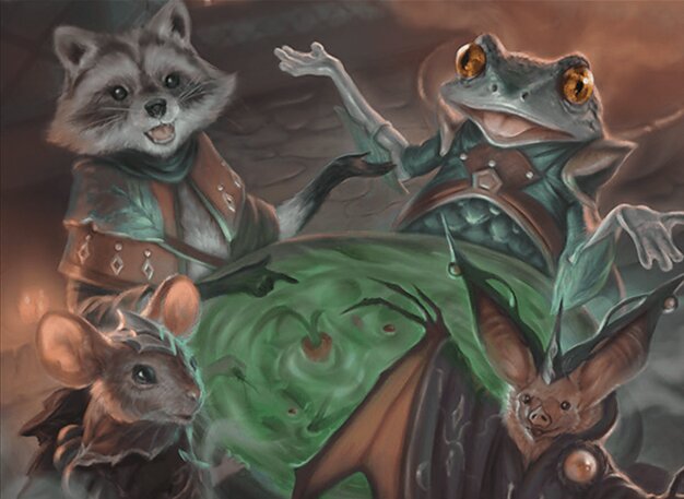 Fantasy illustration of anthropomorphic animals making stew together