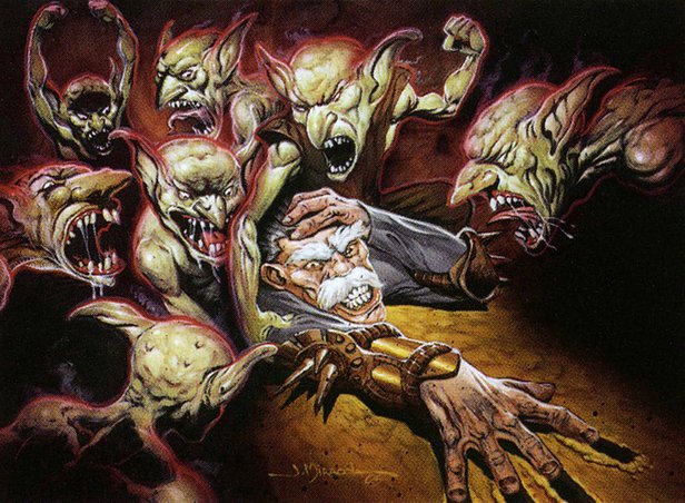 Fantasy illustration of several goblins attacking a man