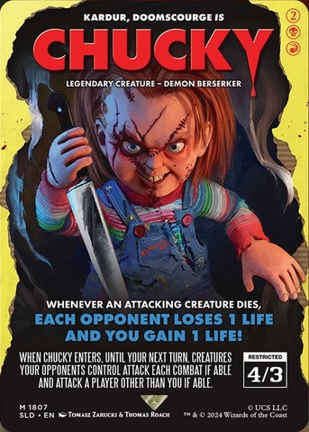 The rear face of Kardur, Doomscourge, here reskinned as Chucky, in the murderous form we know and loathe.