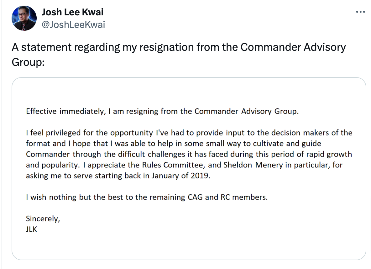 JLK twitter statement about CAG resignation