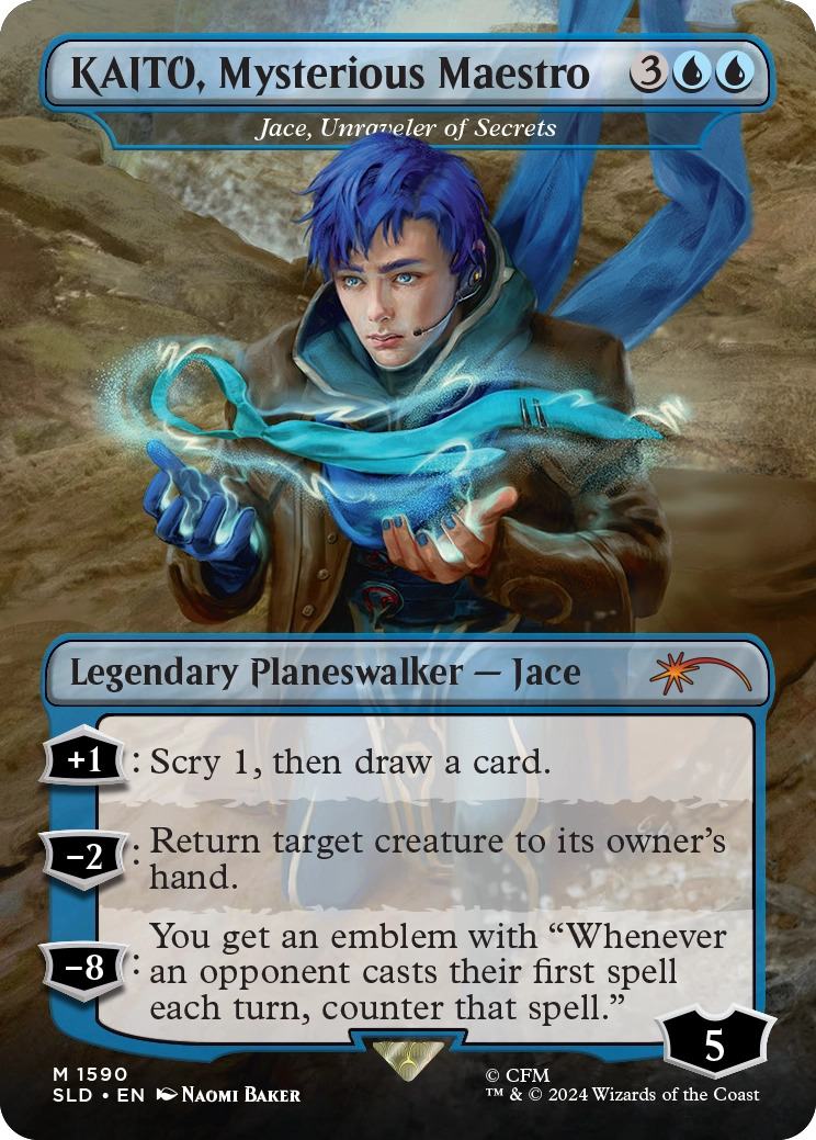 KAITO, Mysterious Maestro, a reskin of Jace, Unraveler of Secrets from Shadows over Innistrad.