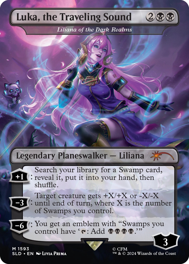 Luka, the Traveling Sound, a reskin of Liliana of the Dark Realms from the Magic 2014 core set.