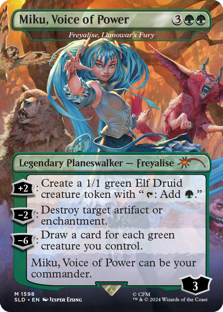 Miku, Voice of Power, a reskin of Freyalise, Llanowar's Fury from Commander 2014.