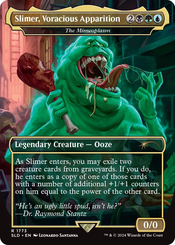 Slimer, Voracious Apparition, a reskin of The Mimeoplasm from the original Commander deck product from 2011.