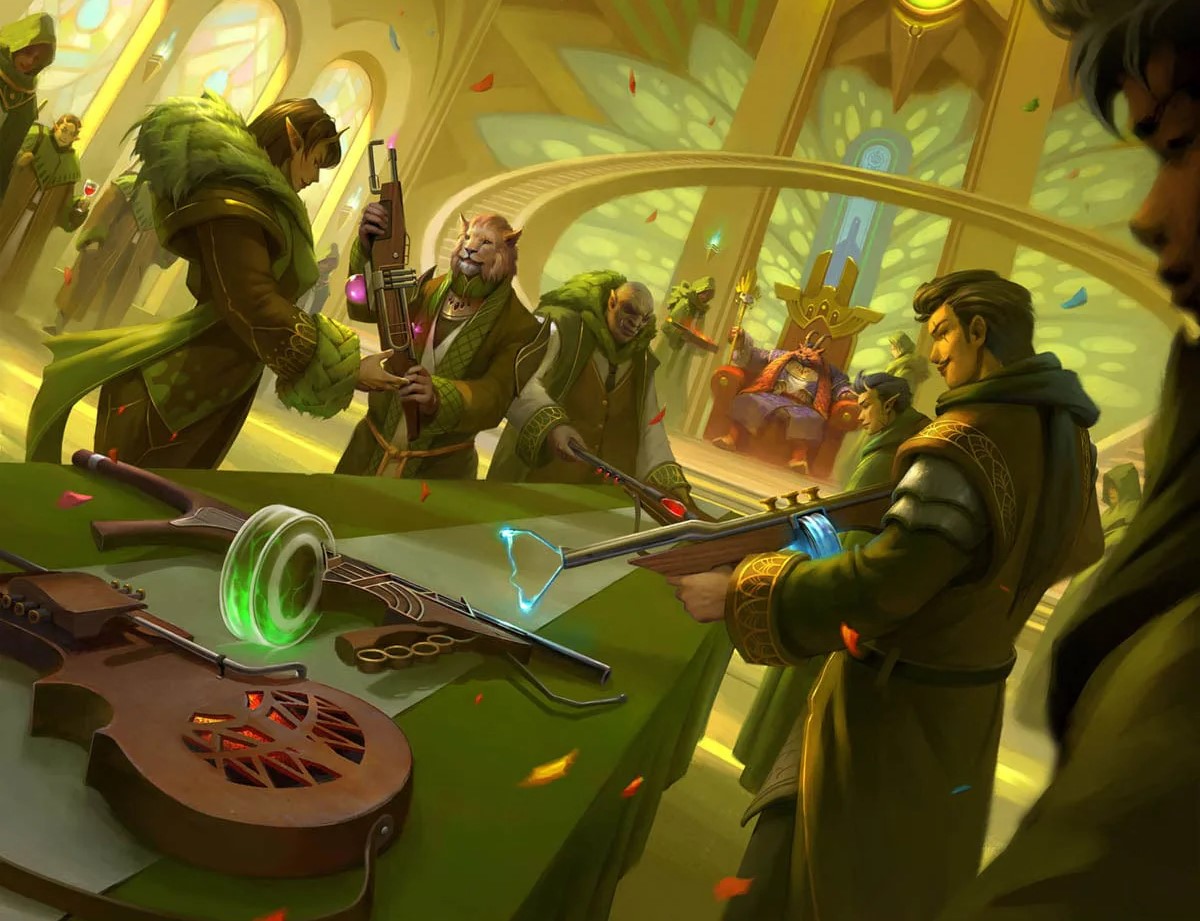 Fantasy illustration of well-dressed combatants choosing weapons