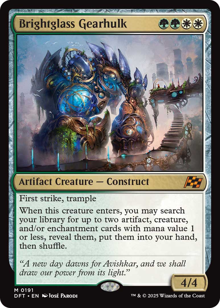 Brightglass Gearhulk, a new card from Aetherdrift, out February 2025.