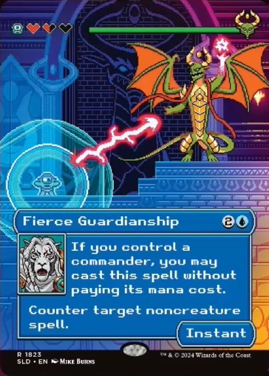 Fierce Guardianship, the third card in the series of side-scrolling storytelling beats that make up the Pixel Perfect drop for Extra Life 2024. Here, Fblthp miraculously deflects one of Nicol Bolas's lethally dangerous attacks.