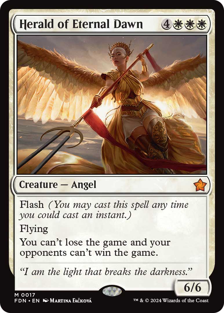 Herald of Eternal Dawn, one of the new cards revealed at MagicCon Vegas for Foundations.