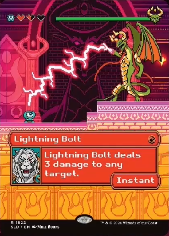 Lightning Bolt, the second card in the series of side-scrolling storytelling beats that make up the Pixel Perfect drop for Extra Life 2024. This card depicts Nicol Bolas's discovery of Fblthp, prompting a boss battle of sorts for the tiny Homunculus.