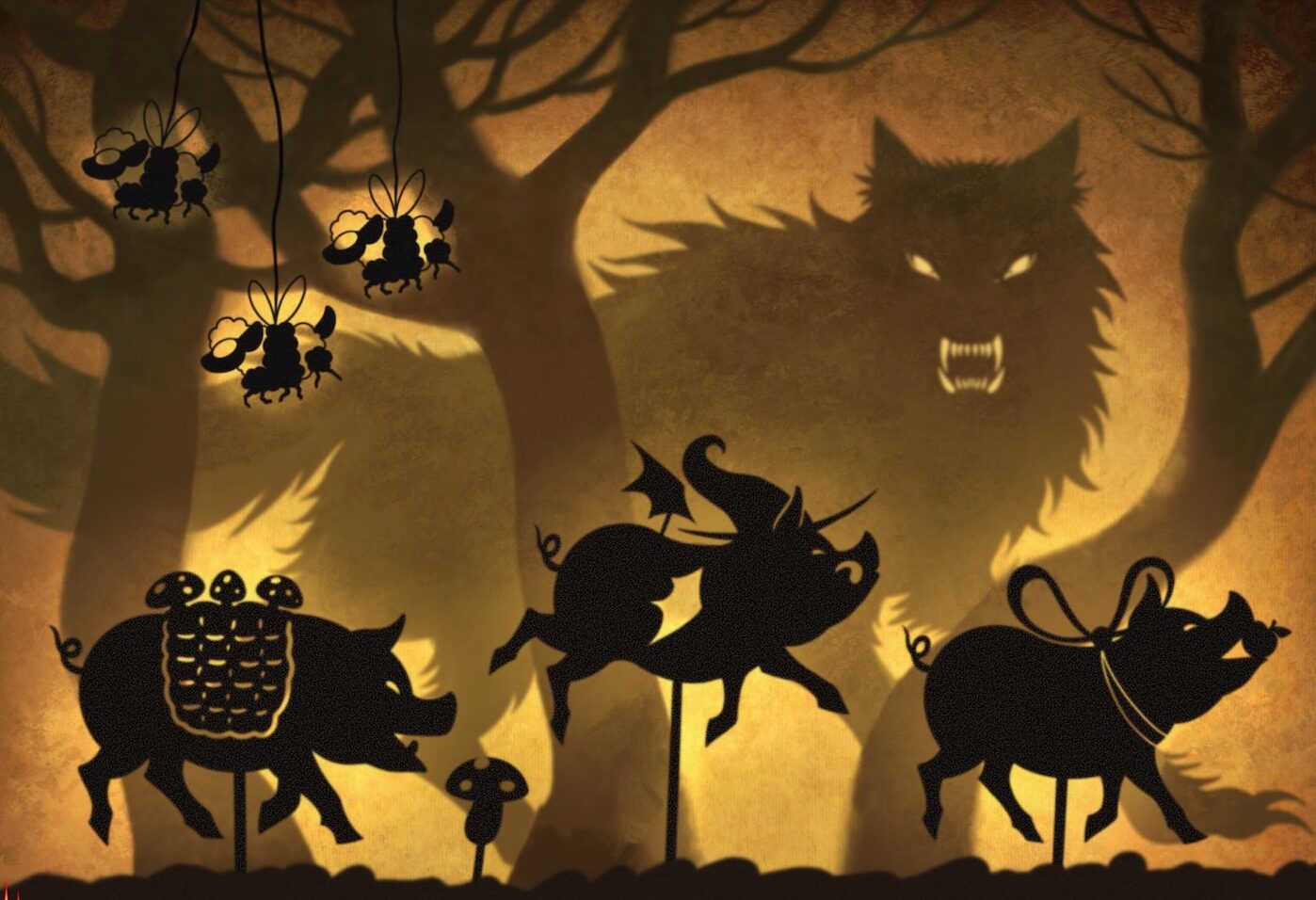 Shadow puppets depict the three little pigs and the big bad wolf.