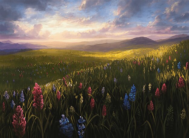 Fantasy illustration of a field with multicolored wildflowers