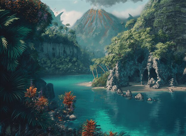 Fantasy illustration of a jungle river with a volcano on the horizon