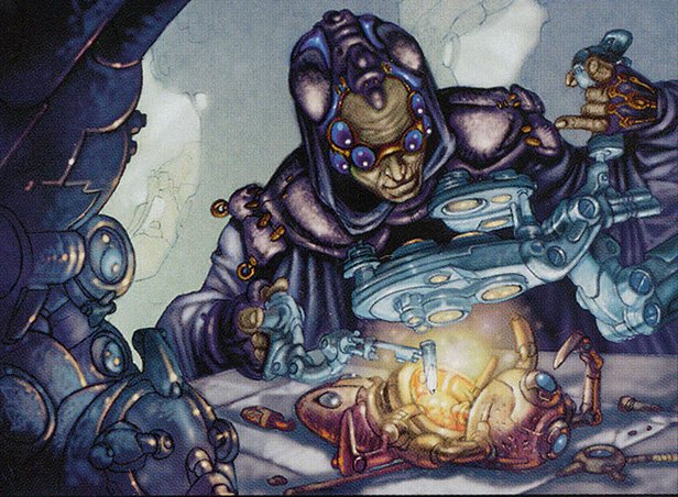 Fantasy illustration of a cyborg repairing a small robot.