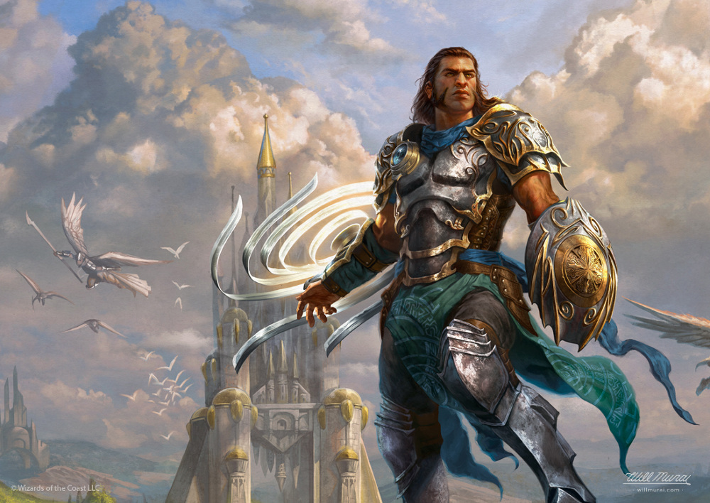 The full art of Gideon, Battle-Forged, the back face of Kytheon, Hero of Akros, a card implied to be in Pioneer Masters. Illustrated by William Murai.