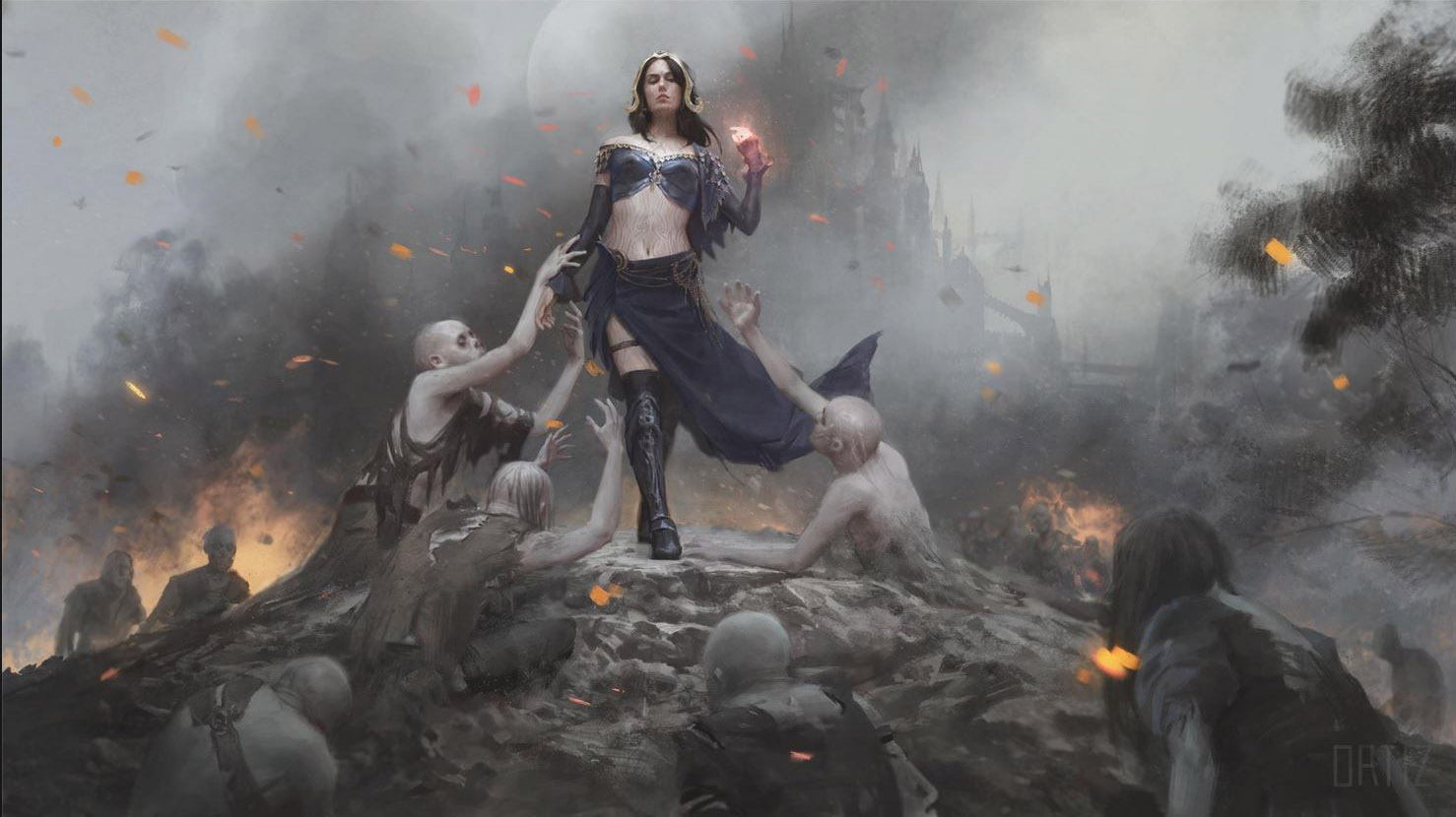 The full art of Liliana, Defiant Necromancer, the flipside of Liliana, Heretical Healer, a card confirmed for Pioneer Masters. Illustrated by Karla Ortiz.