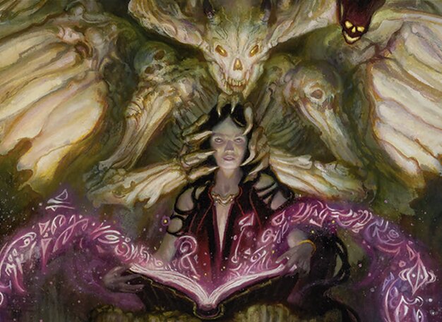 Fantasy illustration of a demon and a woman reading a book together.