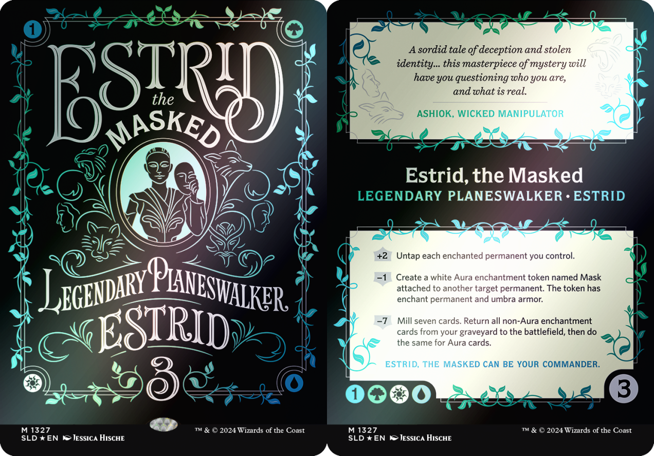 Estrid, the Masked, one of four double-sided cards from the new Secret Lair Chaos Vault drop series called "The Fairest Drop of All".