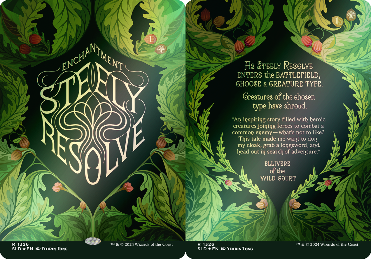 Steely Resolve, one of four double-sided cards from the first Chaos Vault drop, called "The Fairest Drop of All".