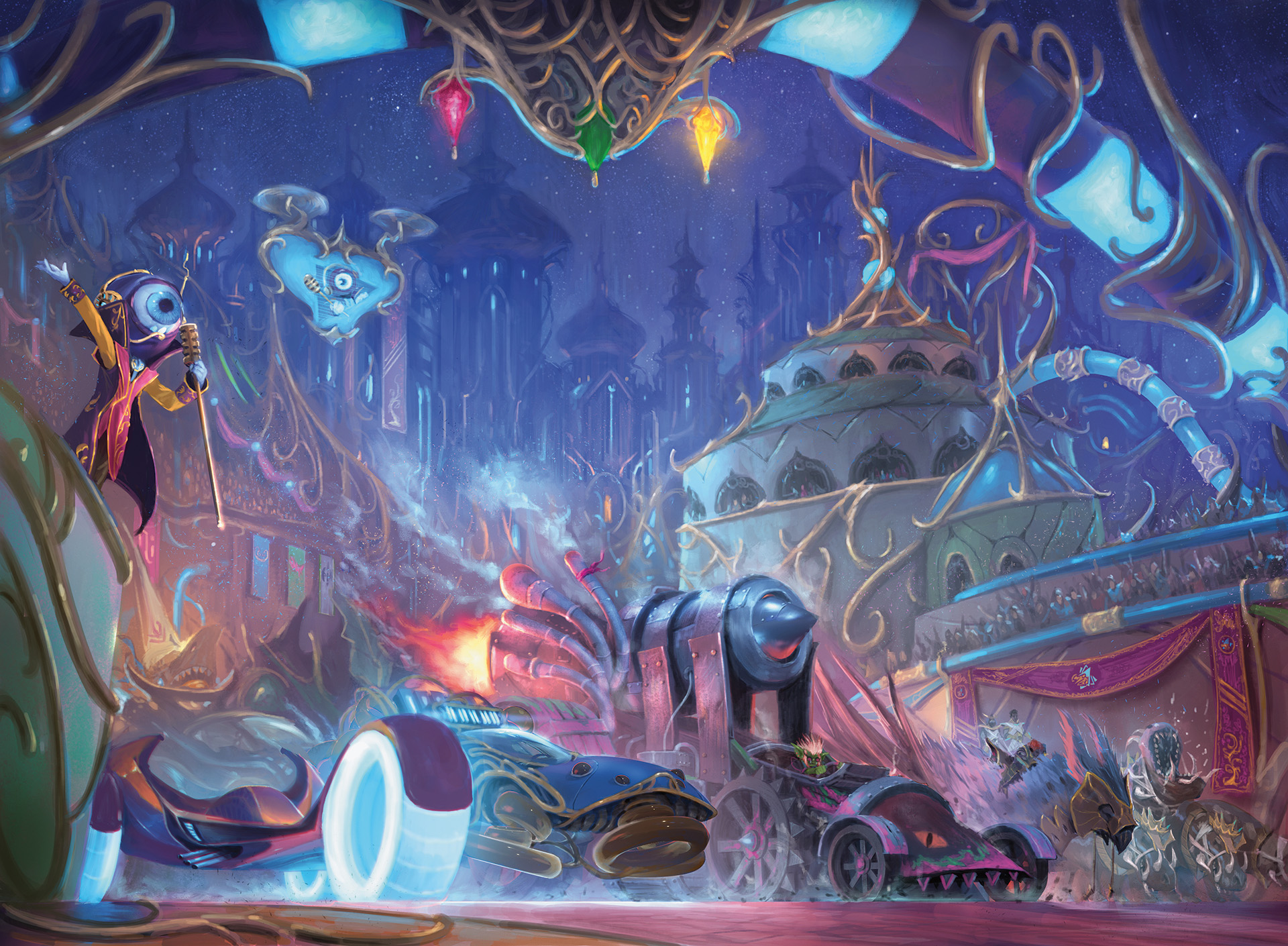 The art of Avishkar Raceway, a new card from Aetherdirft. Illustrated by Julian Kok Joon Wen.