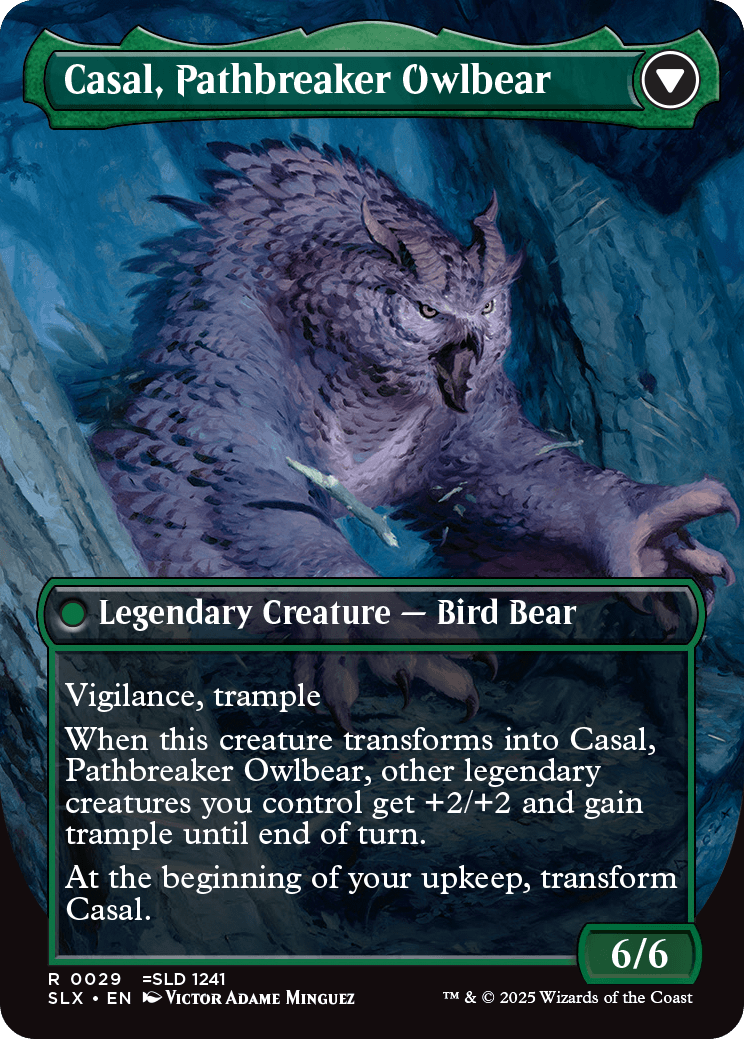 Casal, Pathbreaker Owlbear, the Universes Within variant of Doric, Owlbear Avenger. This card is the flipside of Casal, Lurkwood Pathfinder, itself a variant of Doric, Nature's Warden.