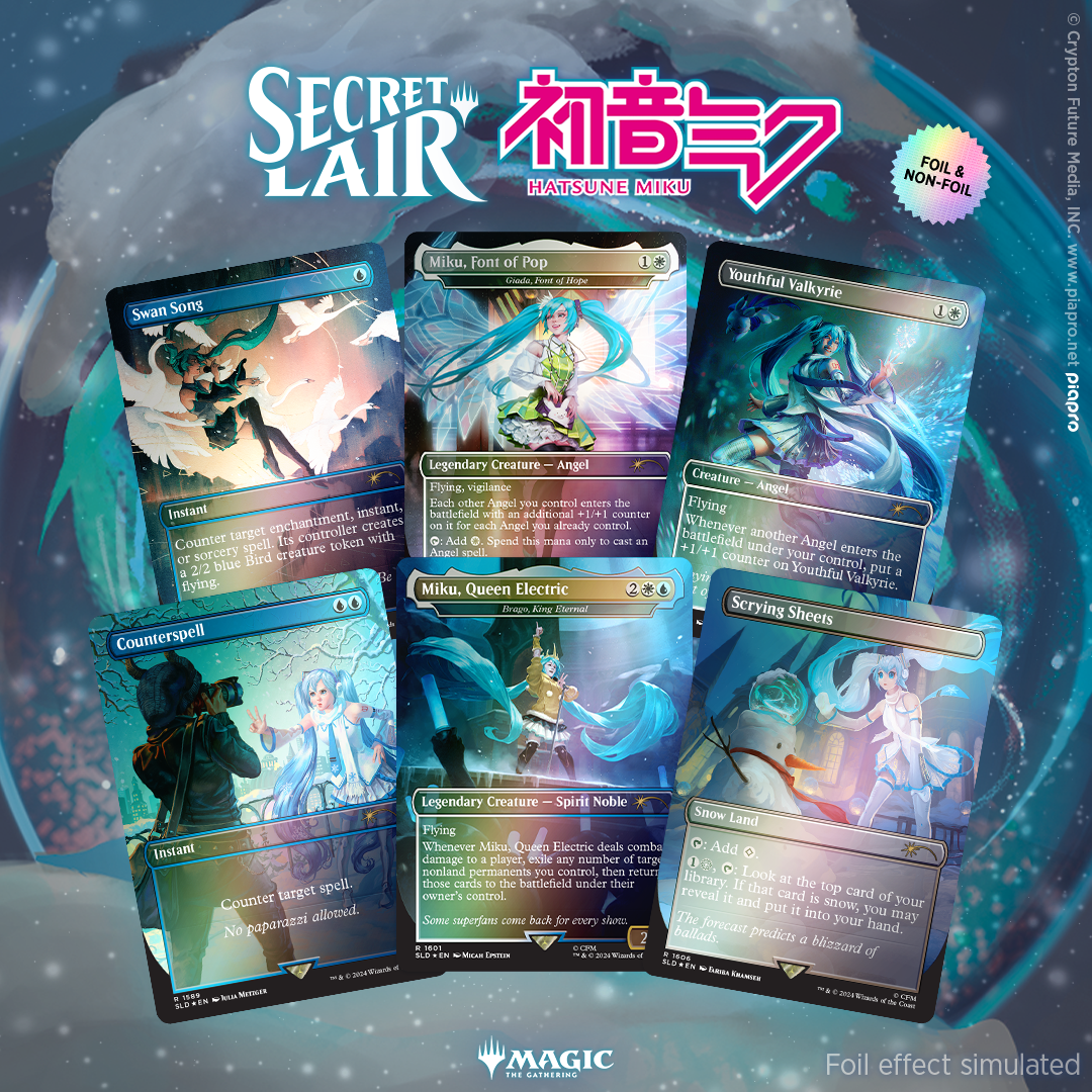 The six cards from the Secret Lair x Hatsune Miku: Winter Diva drop.