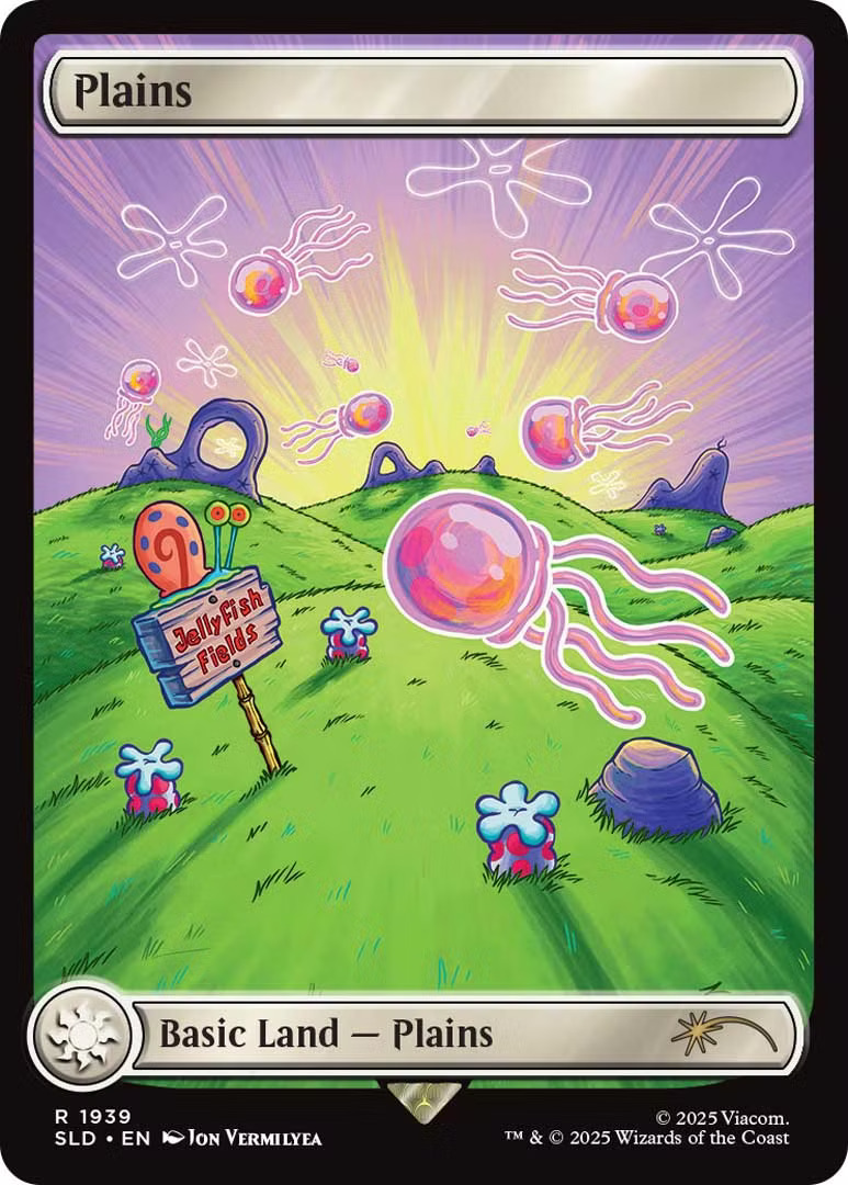 Plains, depicting Jellyfish Fields. Illustrated by Jon Vermilyea for the Secret Lair x SpongeBob Squarepants drop.