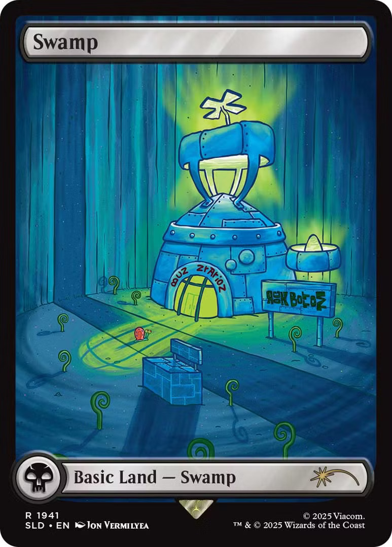 Swamp, depicting Rock Bottom's bus station. Illustrated by Jon Vermilyea for the Secret Lair x SpongeBob Squarepants drop.