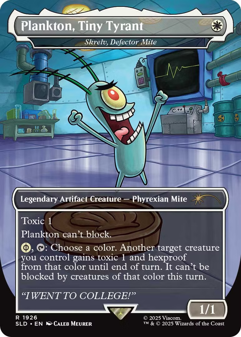 Plankton, Tiny Tyrant, a reskin of Skrelv, Defector Mite. Illustrated by Caleb Meurer.