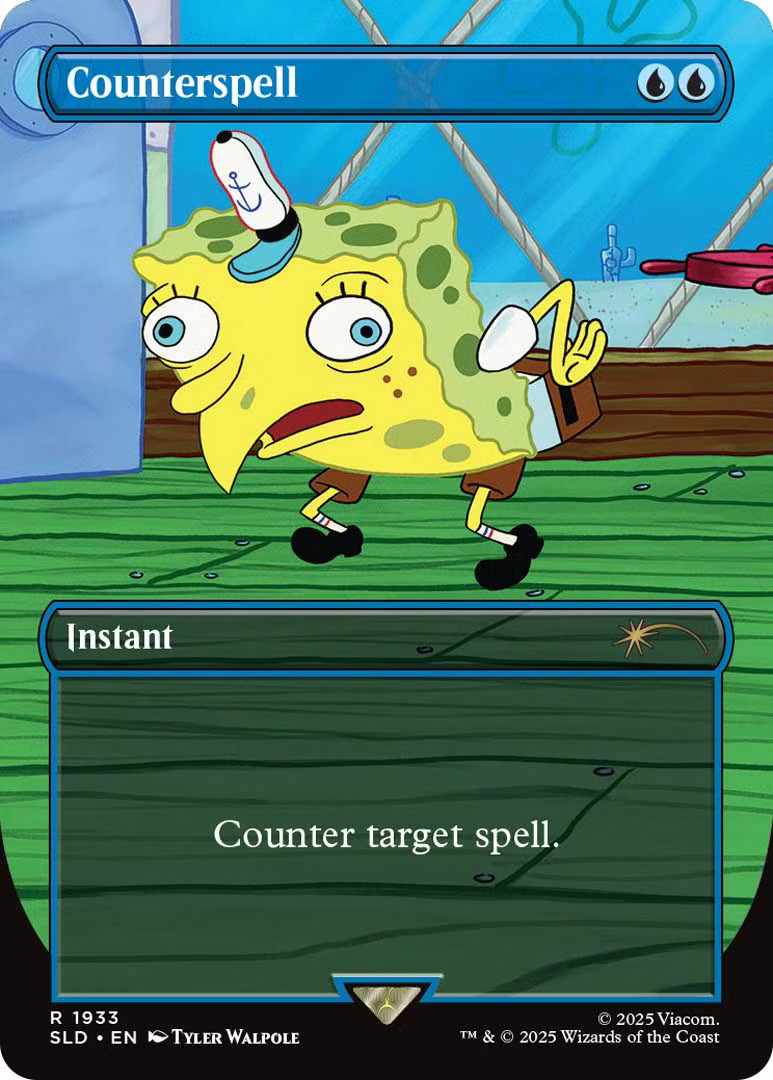 Counterspell, a card from the Secret Lair x SpongeBob Squarepants drop. Illustrated by Tyler Walpole.